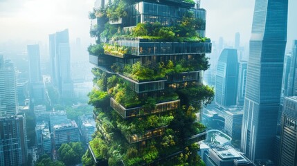 Obraz premium verdant metropolis futuristic skyscrapers adorned with cascading vertical gardens, merging sleek architecture with lush greenery in harmony with nature