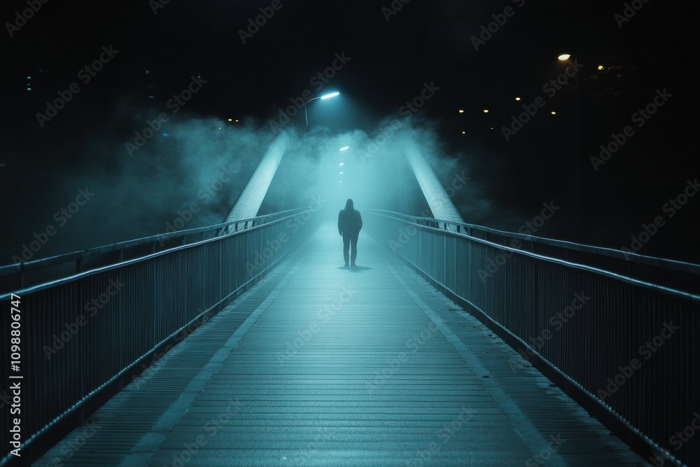 Fototapete a solitary figure walks across a long, empty bridge at night shrouded in mist, illuminated by overhe