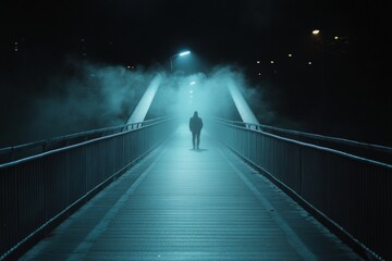 A solitary figure walks across a long, empty bridge at night shrouded in mist, illuminated by overhead lights, creating a mysterious atmosphere. Generative AI