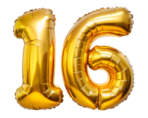 golden neon holografic foil balloon for birthday in the shape of the number 16   , isolated on the white background