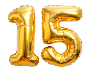 golden neon holografic foil balloon for birthday in the shape of the number  15  , isolated on the white background