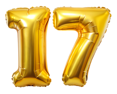golden neon holografic foil balloon for birthday in the shape of the number  17  , isolated on the white background