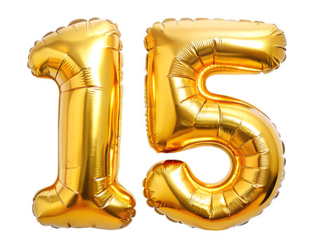golden neon holografic foil balloon for birthday in the shape of the number  15  , isolated on the white background