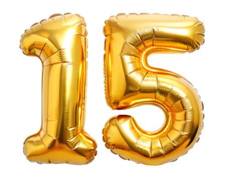 golden neon holografic foil balloon for birthday in the shape of the number  15  , isolated on the white background