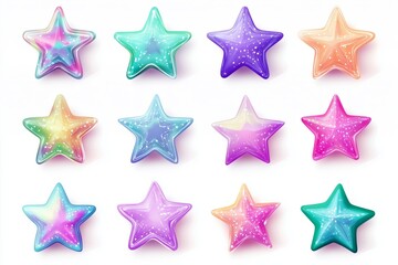 Obraz premium Set of colorful stars. Collection of realistic 3D multicolored vector star shapes on white background. Vector illustration 