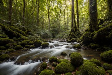 Obraz premium A serene and untouched forest bathed in the soft golden light of the late afternoon. Towering trees with thick trunks stretch high above, their lush green leaves forming a vibrant canopy that filters 