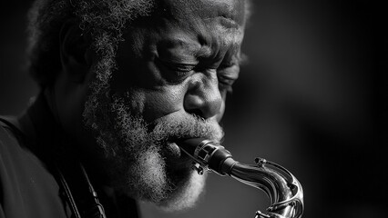 Black and white portrait of a focused saxophonist playing music with closed eyes