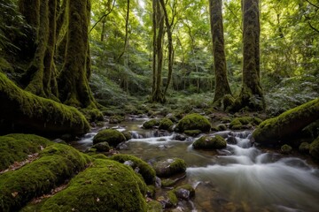 Obraz premium A serene and untouched forest bathed in the soft golden light of the late afternoon. Towering trees with thick trunks stretch high above, their lush green leaves forming a vibrant canopy that filters 