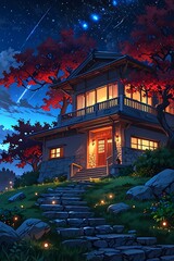 Fototapeta premium House at night and nature with stars in the background cartoon anime style