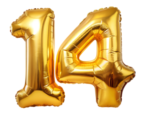 golden neon holografic foil balloon for birthday in the shape of the number   14 , isolated on the white background