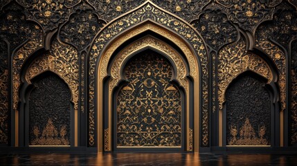 Elegant architectural wall with intricate golden patterns against a deep black background, ideal for interior design projects, cultural presentations, or as a backdrop for events,