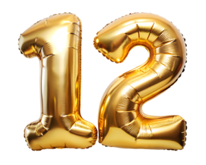 golden neon holografic foil balloon for birthday in the shape of the number  12  , isolated on the white background