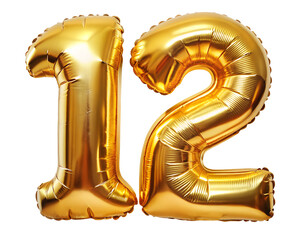 golden neon holografic foil balloon for birthday in the shape of the number  12  , isolated on the white background