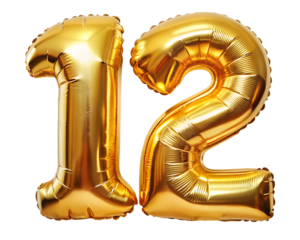 golden neon holografic foil balloon for birthday in the shape of the number  12  , isolated on the white background