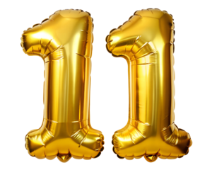 golden neon holografic foil balloon for birthday in the shape of the number   11 , isolated on the white background