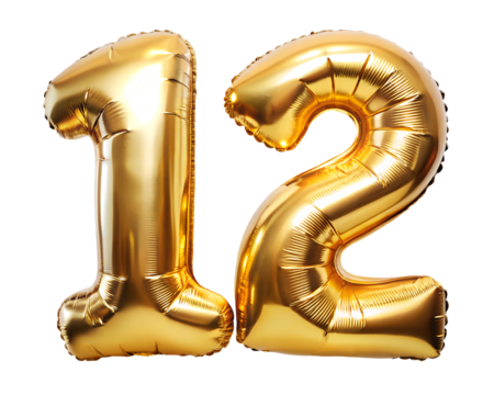 golden neon holografic foil balloon for birthday in the shape of the number  12  , isolated on the white background