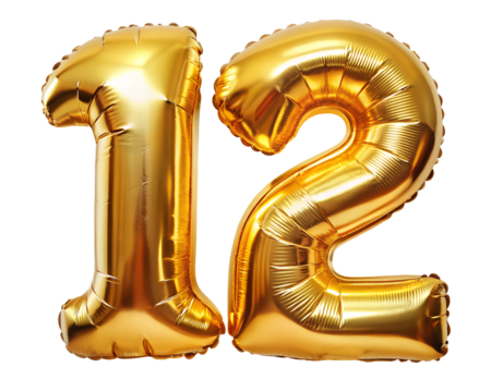 golden neon holografic foil balloon for birthday in the shape of the number  12  , isolated on the white background