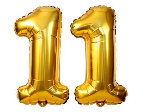 golden neon holografic foil balloon for birthday in the shape of the number   11 , isolated on the white background
