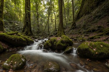 Obraz premium A serene and untouched forest bathed in the soft golden light of the late afternoon. Towering trees with thick trunks stretch high above, their lush green leaves forming a vibrant canopy that filters 