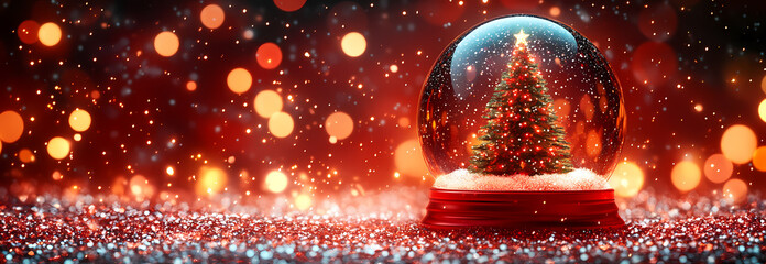 A snow globe features a well-lit Christmas tree inside, surrounded by falling snowflakes and a blue bokeh background, creating a festive scene.	