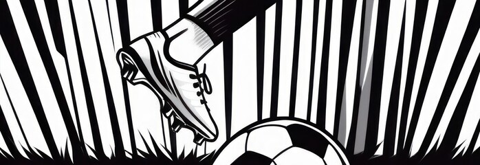 A monochromatic soccer scene featuring a player's foot in a cleat positioned to kick a ball, set against a backdrop of bold black and white vertical stripes, emphasizing contrast and motion