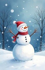 Obraz premium Christmas card with a snowman in vintage style. Snowman in a hat and scarf is standing on the snow.