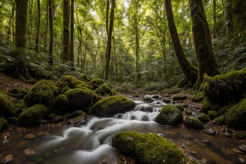 Obraz premium A serene and untouched forest bathed in the soft golden light of the late afternoon. Towering trees with thick trunks stretch high above, their lush green leaves forming a vibrant canopy that filters 