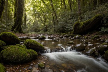 Obraz premium A serene and untouched forest bathed in the soft golden light of the late afternoon. Towering trees with thick trunks stretch high above, their lush green leaves forming a vibrant canopy that filters 