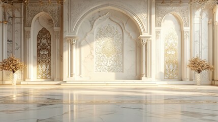 Naklejka premium A stunning ornate interior showcasing intricate marble and gold detailing, ideal for backgrounds in luxury event promotions, architectural designs, or wedding invites, Perfect for elegant themes,