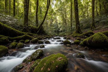 Obraz premium A serene and untouched forest bathed in the soft golden light of the late afternoon. Towering trees with thick trunks stretch high above, their lush green leaves forming a vibrant canopy that filters 