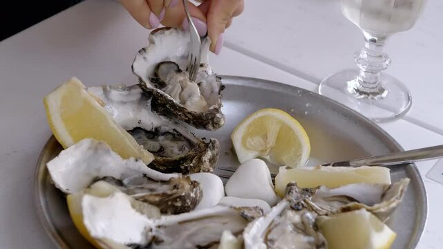 Fresh oysters served with lemon wedges. A woman enjoys a delicious seafood meal. Perfect for food blogs, restaurants, and travel vlogs.