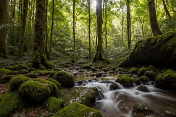 Obraz premium A serene and untouched forest bathed in the soft golden light of the late afternoon. Towering trees with thick trunks stretch high above, their lush green leaves forming a vibrant canopy that filters 