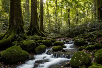 Obraz premium A serene and untouched forest bathed in the soft golden light of the late afternoon. Towering trees with thick trunks stretch high above, their lush green leaves forming a vibrant canopy that filters 