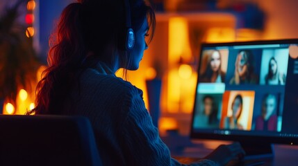 Obraz premium Woman Engaged in a Video Conference at Home