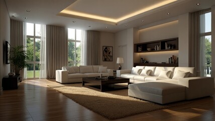 Modern living room with large sectional sofa, hardwood floors, and recessed lighting.