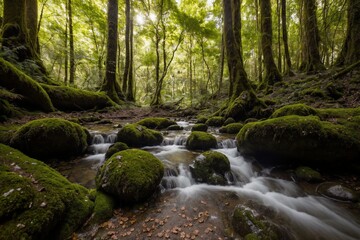 Obraz premium A serene and untouched forest bathed in the soft golden light of the late afternoon. Towering trees with thick trunks stretch high above, their lush green leaves forming a vibrant canopy that filters 