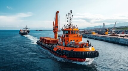 Fototapeta premium Tugboat Navigating Calm Waters in a Busy Port with Cargo Barge in Background, Showcasing Maritime Industry Operations and Vibrant Sea Colors