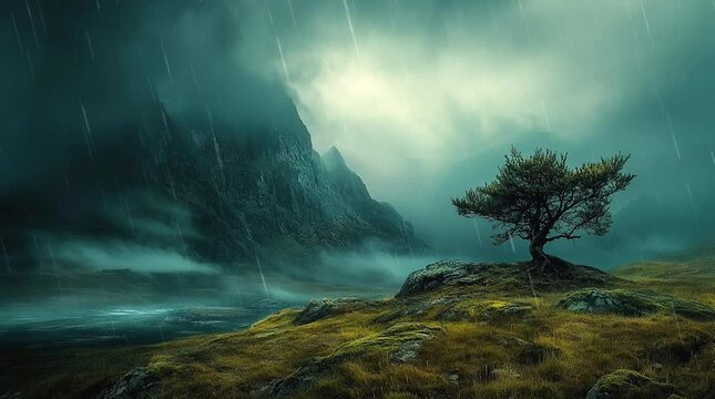 River flowing between misty mountains under gloomy sky in dramatic landscape
Seamless looping 4k time-lapse virtual video animation Generated AI