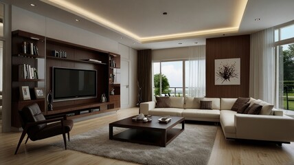 Fototapeta premium Modern living room with sectional sofa, entertainment center, and large windows.