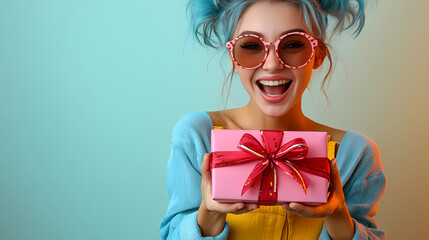 portrait of a woman in sunglasses  with  pink gift box with copy space