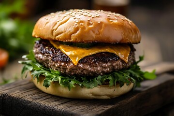 Juicy Cheeseburger on Wooden Board