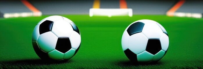 Obraz premium Two soccer balls placed on a vibrant green field with a blurred background of an empty stadium and goalpost, creating a sense of anticipation and focus on the sport