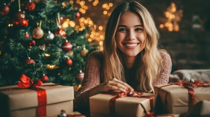 Smiling young woman wrapping Christmas gifts in front of a Christmas Tree in her living room.