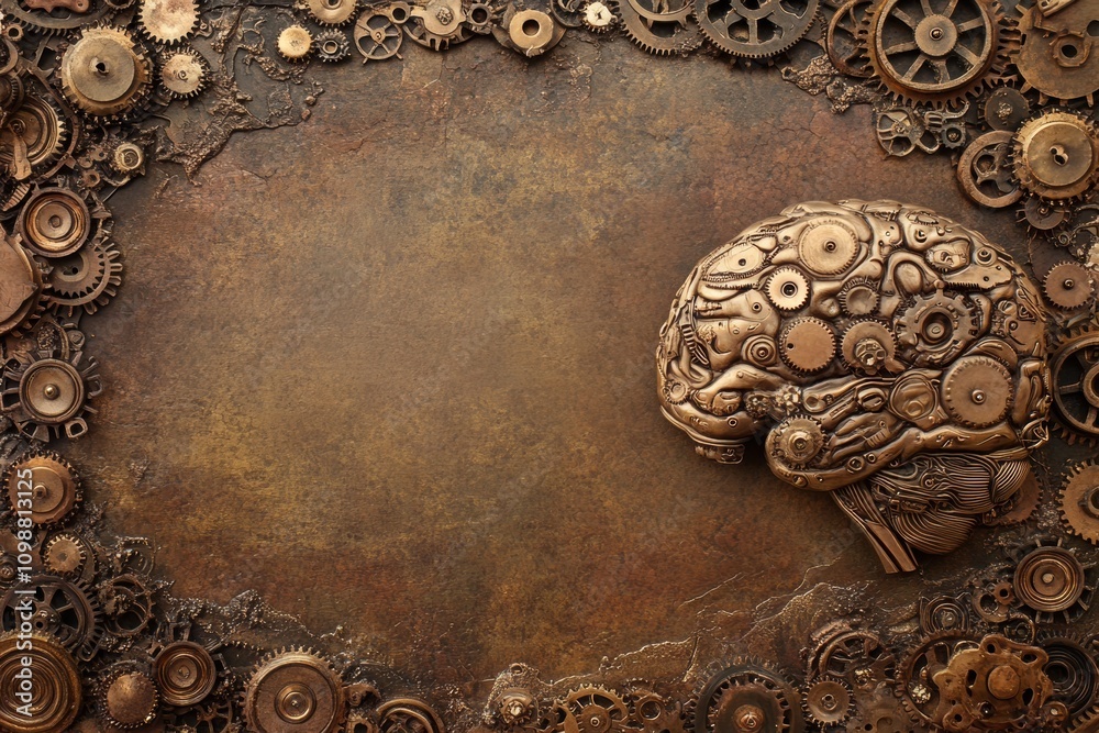 Fototapete a bronze brain sculpture rests beside intricate gears on a textured surface, representing the union 