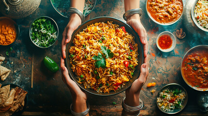 A vibrant Indian feast with a focus on a bowl of flavorful biryani. The image showcases the diversity of Indian cuisine, with a variety of dishes and spices.