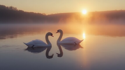 Naklejka premium Swans Over Lake At Sunrise - Calm And Romance