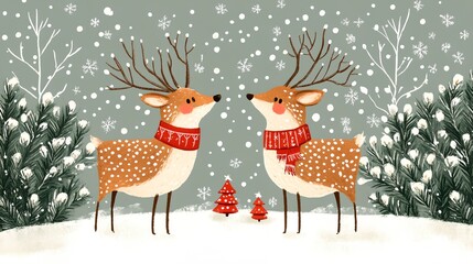 Fototapeta premium two deers are standing in the snow near a Christmas tree