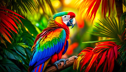 Obraz premium A vibrant, feathered parrot perches amidst the lush jungle foliage, its feathers shimmering