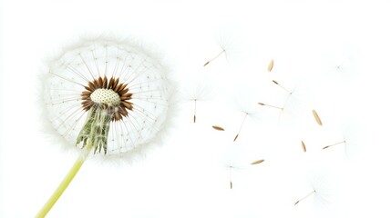 The puffy dandelion blowball with flying seeds is isolated on a white background