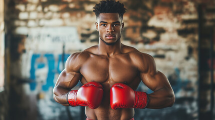 Obraz premium Młody bokser z wyrazistą muskulaturą, ubrany w czerwone rękawice, stojący w siłowni.